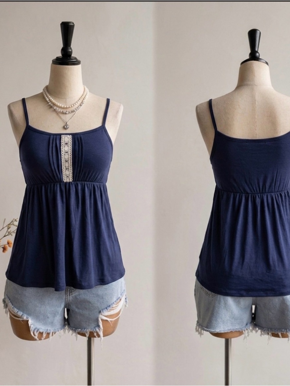 Women's Navy Lace-Trim Spaghetti Strap Tank Top